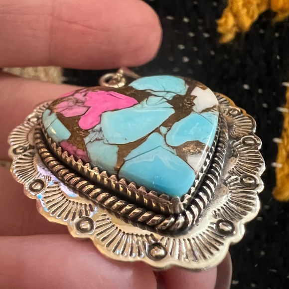 ❤️ Cotton Candy Turquoise Heart Statement Navajo Sterling Pendant 14 Gm / 2.03”L - Picture 5 of 12